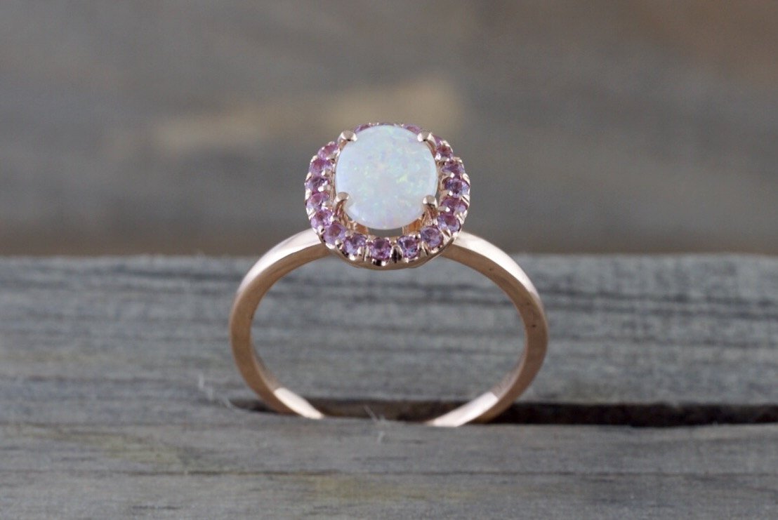 14k Rose Gold Oval Fire Opal And Pink Sapphire Halo Engagement Love  Anniversary Ring