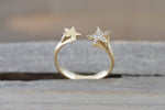 14k Yellow Gold Solid Double Diamond Star Open Ring Band