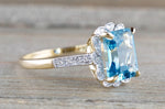 14k Yellow Gold Vintage Style Emerald Blue Topaz Diamond Halo Engagement Ring