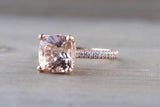 14k Rose Gold Encrusted Under Halo 3 Face 3D Diamond Cushion Morganite Ring 9x9 Solitaire M3090